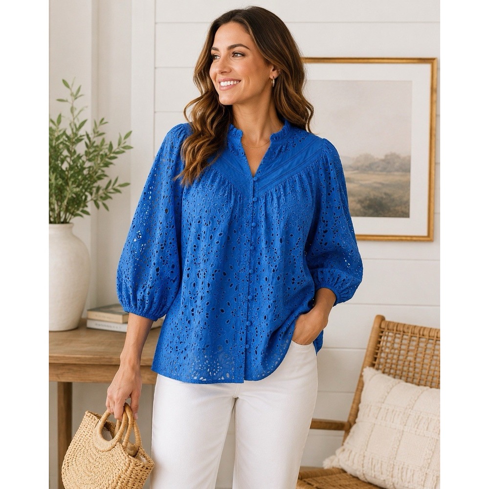 PRETTYGARDEN XL Blue Eyelet Blouse 100% Cotton Puff Sleeve Ruffle Boho Top